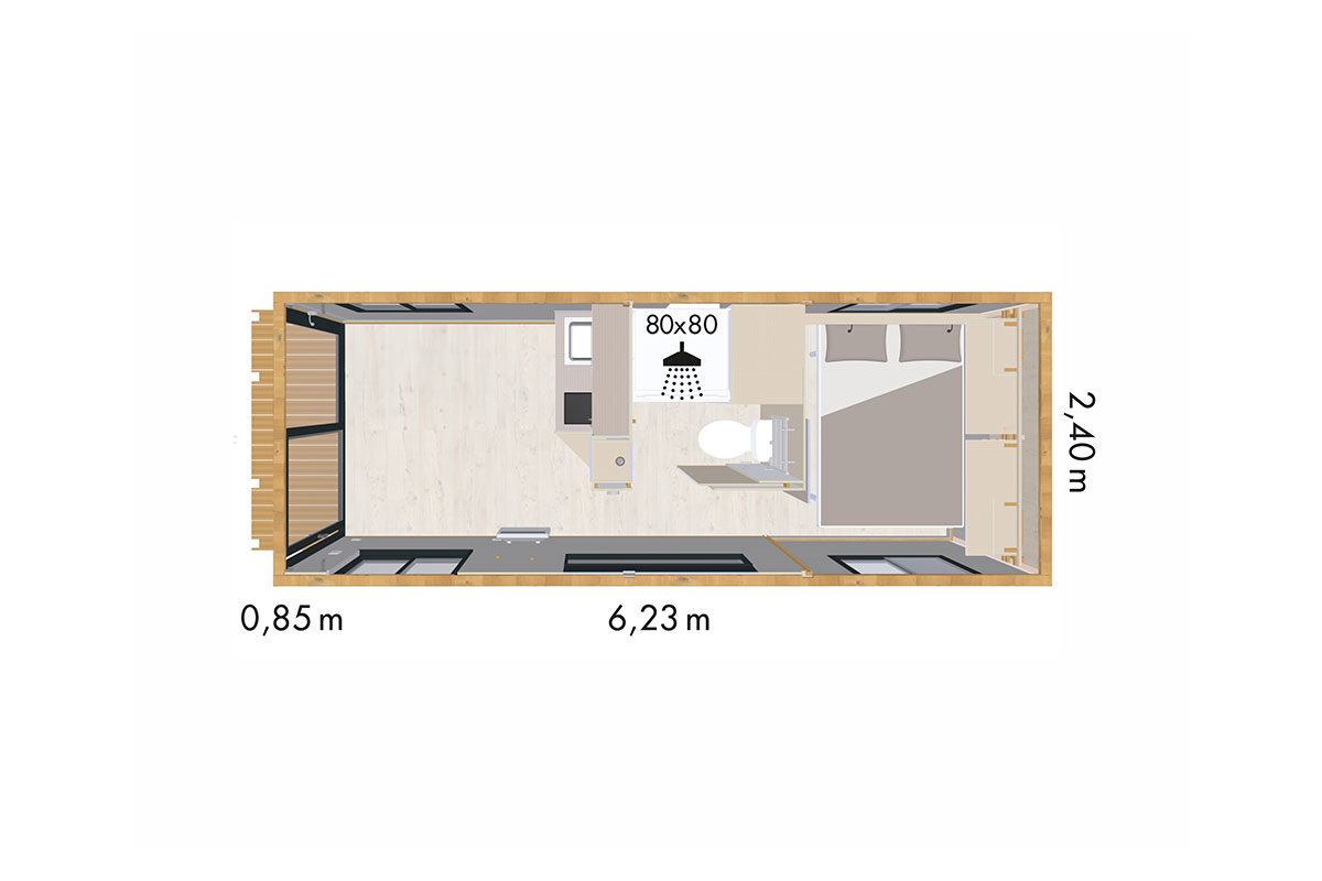 Plan coté de la Tiny Roulotte : 6,23 m de long sur 2,40 m de large, séjour et cuisine d’un côté, salle d’eau avec douche de 80 sur 80 cm au centre, chambre avec lit double de l’autre.