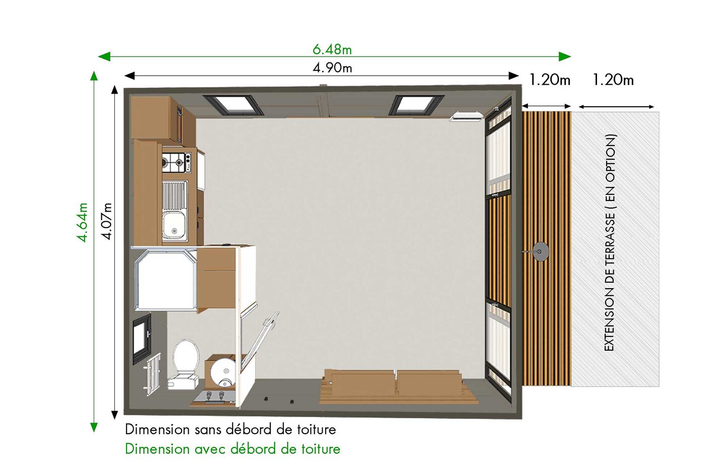 Plan coté de la Tiny Home : module de 4,90 m sur 4,07 m, 6,48 m sur 4,64 m avec le débord de toiture, terrasse de 1,20 m de profondeur et extension de terrasse en option.